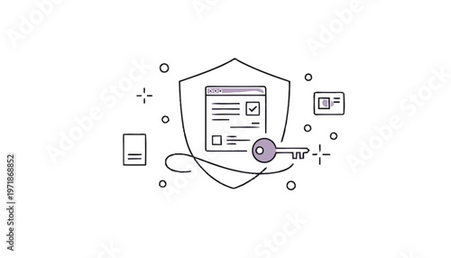 Digital Security Shield with Key and Document Icons Illustration.