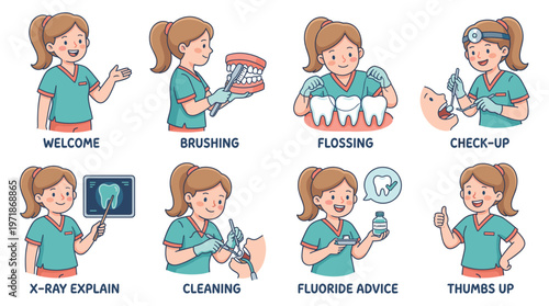 Comprehensive Dental Care Character Set Female Dentist Illustrates Healthcare Poses and Essential Oral Hygiene Activities Collection