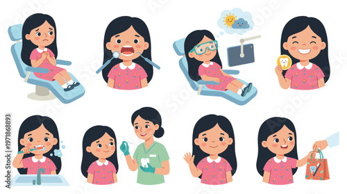 Children's Dental Care Journey Character Set Engaging Healthcare Poses and Medical Activities Collection