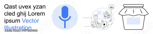 Voice recognition, digital communication, food storage, tech innovation, AI tools, virtual interfaces. Microphone icon, a conceptual diagram and a jam jar outline. Voice recognition and digital