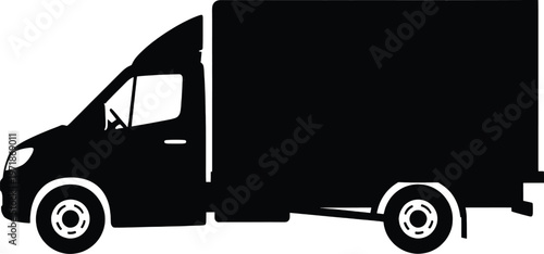 Black delivery van parked on a plain background with visible wheels and cargo area Vector