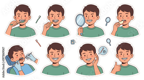 Youthful Character Poses and Activities for Comprehensive Dental Care and Oral Healthcare Routine