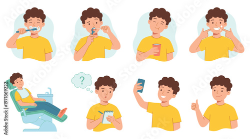 Young Man's Daily Healthcare and Dental Care Poses, Illustrating Routine Activities for a Healthy Lifestyle