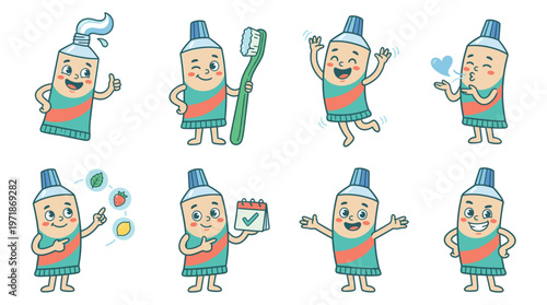 Charming Toothpaste Tube Character Set Illustrating Dental Care, Oral Hygiene, and Healthcare Activities Poses
