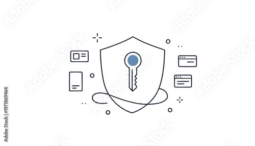 Digital Security Shield with Key for Data Protection Concept.