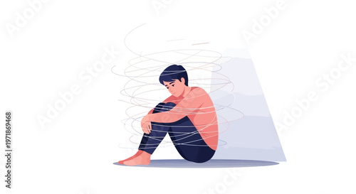 Conceptual vector illustration featuring a despondent person curled up with their arms around their legs, embodying mental health struggles amid swirling lines against a clean, minimalist