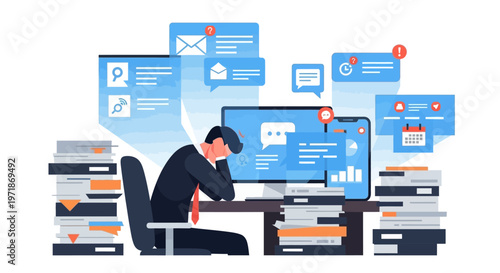 An illustration shows a person slumped at a desk, overwhelmed by notifications on multiple screens, representing burnout and mental health challenges in a vector design with a clean white