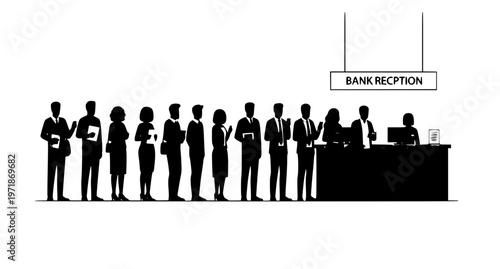 Diverse People Standing in Queue at Bank Reception Counter Showing Daily Financial Routine in Modern Flat Style