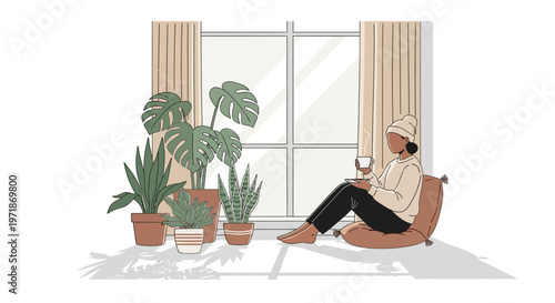 A vector illustration showing a relaxed person sitting on a cushion, holding a glass of wine, surrounded by potted plants near a window, casting shadows on a white background