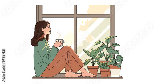 Illustration of a thoughtful person experiencing burnout, sitting on a windowsill with potted plants, holding a steaming mug, in a vector style, with a focus on self health and mental