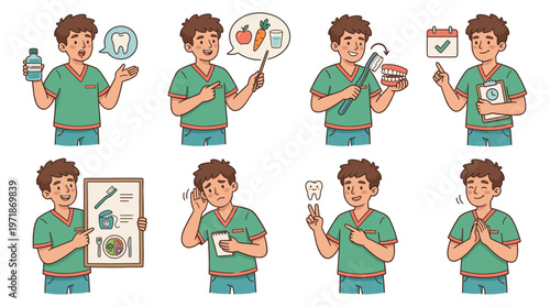 Healthcare Character Set Demonstrating Dental Care Medical Poses and Oral Hygiene Activities Collection