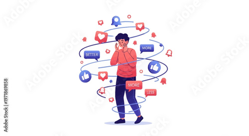 An illustration shows a person overwhelmed by digital notifications, symbolizing burnout and the need for self health, depicted in a flat vector style with swirling lines and a clean white