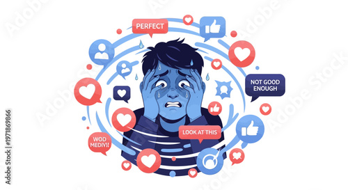 An illustration depicts a person experiencing burnout, overwhelmed by social media notifications and self-doubt, set against a swirling blue and white background, conveying a sense