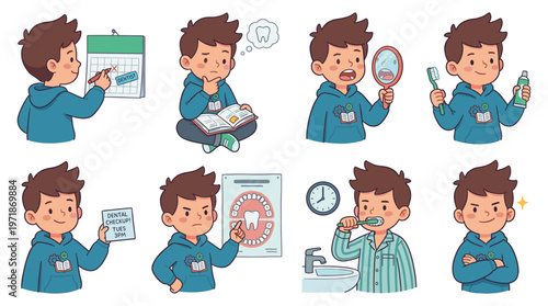 Comprehensive Character Set Illustrating Dental Care, Hygiene, Healthcare, and Medical Poses for Kids