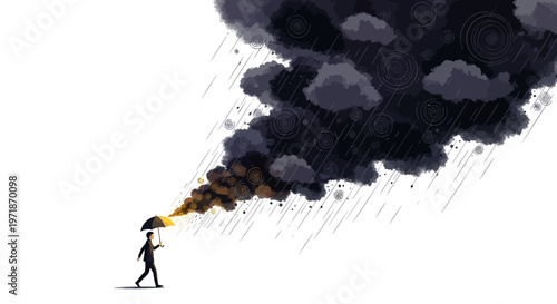 In a vector illustration, a person walks with an umbrella facing a dark cloud symbolizing burnout, conveying a mood of mental health challenges against a clean background with a wide angle