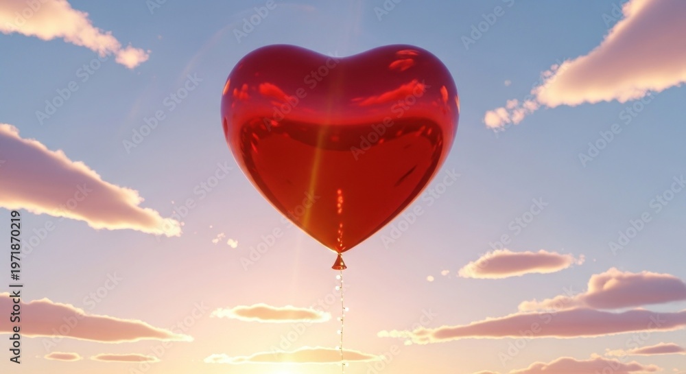 Obraz premium A red heart-shaped balloon floating in the sky with a sunset background.