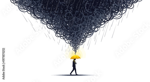 Vector illustration of a person walking under a yellow umbrella amidst a storm cloud of tangled lines symbolizing burnout, conveying the importance of self health and addressing mental