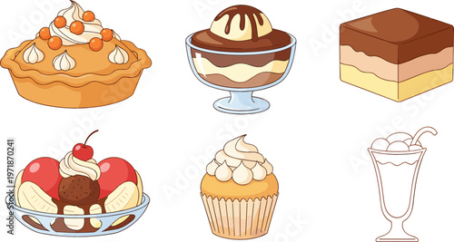 Delicious Dessert Vector Set with Pie, Ice Cream Sundae, Cupcake, and Tiramisu for Bakery, Confectionery, and Sweet Treat Illustrations