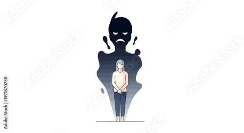 A somber illustration depicting a person standing with hands clasped, overshadowed by a dark, looming figure symbolizing burnout and struggles with mental health, set against a clean