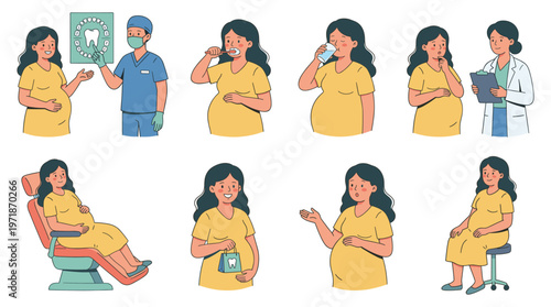 Pregnant woman character set illustrating dental care, healthcare, medical poses, and daily activities during pregnancy