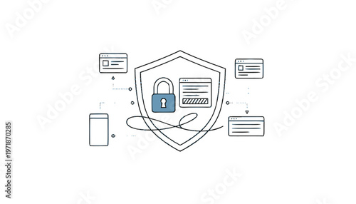 Digital Security Shield with Lock and Data Protection Concept.