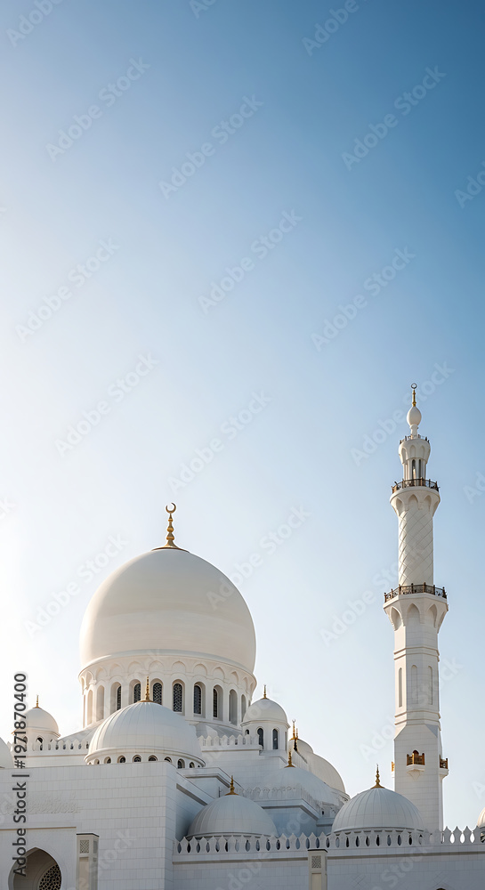 Obraz premium A grand white mosque with multiple domes and a tall minaret under a clear blue sky, showcasing intricate Islamic architecture.