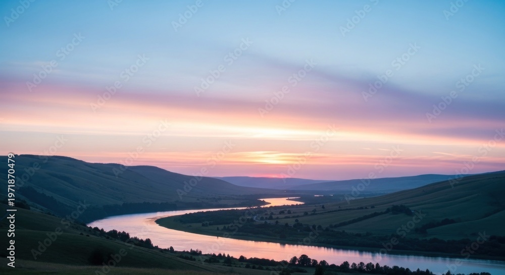 Fototapeta premium A serene sunset over a river with rolling hills in the background, with a vibrant pink and purple sky and a calm, reflective river.