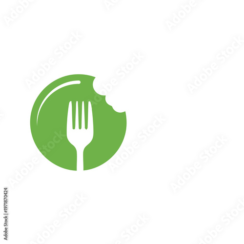 Fork Silhouette in Green Circle with Bite Mark Logo Design.