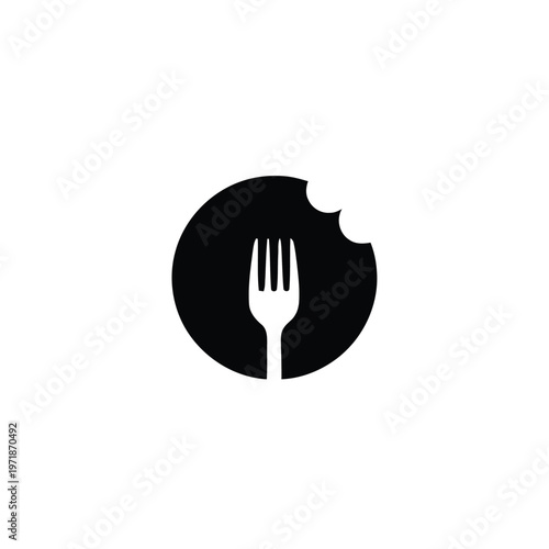 Fork Silhouette with Bite Mark Circle Logo Design Concept.