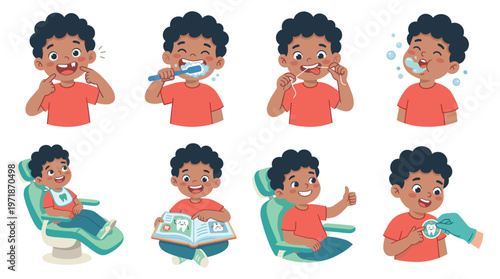 A Character Set Collection Young Boy's Dental Care, Healthcare, and Medical Poses & Activities for Oral Hygiene Education
