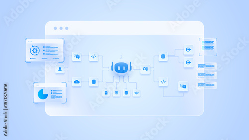 AI workflow automation artificial intelligence. ai agent workflow diagram dashboard machine learning showing node input, processing flow panel, coding panel and process flow.