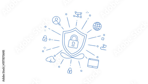 Digital Security Shield with Lock Symbol and Connected Icons.