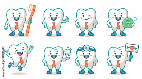 A delightful Character Set of Dental Care, Healthcare, and Medical Poses and Activities Collections, promoting oral health