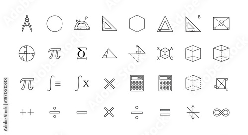 A clean and modern set of math and geometry icons in thin line style. Ideal for education apps, UI design, infographics, and school-related materials.