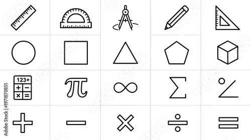 A clean and modern set of math and geometry icons in thin line style. Ideal for education apps, UI design, infographics, and school-related materials.