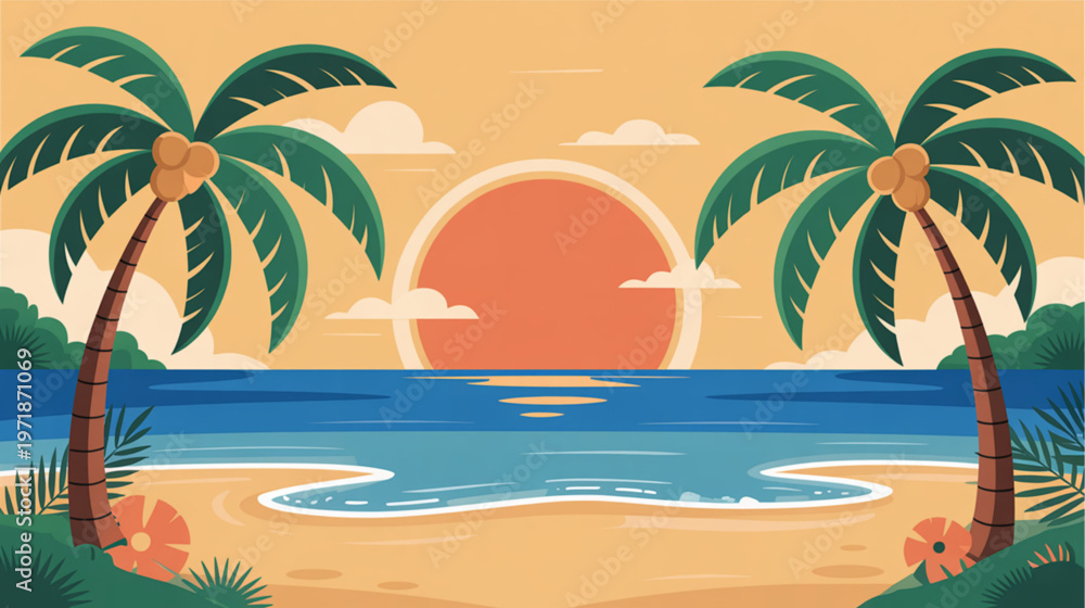 Obraz premium Tropical beach, palm trees, sunset, vector illustration, summer vacation, travel background