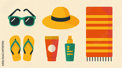 Summer vacation accessories, beach essentials, travel items, sunny day icons