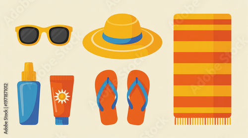 Summer vacation accessories, beach essentials, sunglasses, hat, towel, flip flops, sunscreen