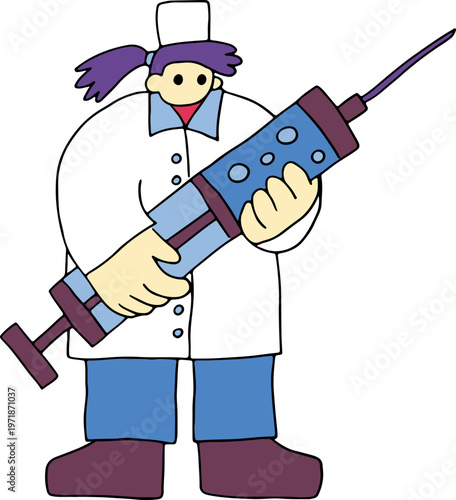 Full-length hand-drawn image of a female physician in a lab coat, holding a syringe filled with blue medicinal solution, grunge style with bold black lines