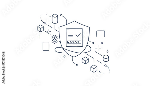 Digital Shield Protecting Data with Checkmark and Password Illustration.