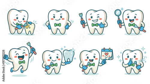 Cute Cartoon Teeth Character Set Performing Dental Care Activities and Healthcare Poses Collection for Medical Education