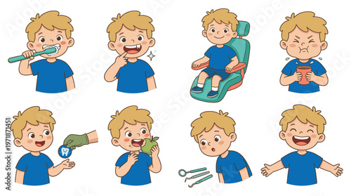 Adorable Cartoon Child Character Set Dental Care, Healthcare, and Medical Poses Activities Collection