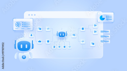 AI workflow automation artificial intelligence. ai agent workflow automation diagram dashboard machine learning showing node input, processing flow panel, coding panel and process flow.