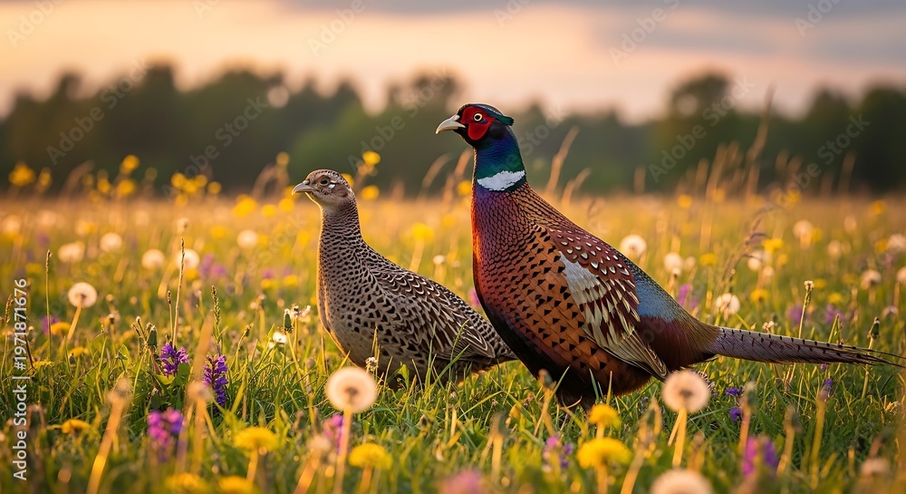 Fototapeta premium Two pheasants standing in a field with wildflowers and golden sunlight