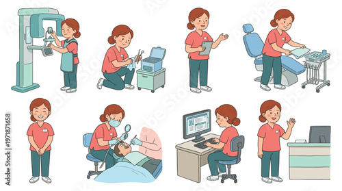 Diverse Dental Care Healthcare Professional Character Set Showcasing Medical Poses and Clinic Activities Collection