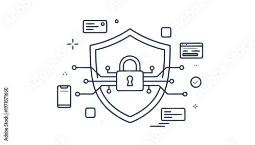 Digital Security Shield with Padlock and Circuitry Illustration.