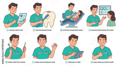 Character set illustrating dental care, healthcare, and medical poses, depicting a friendly dentist performing various professional activities