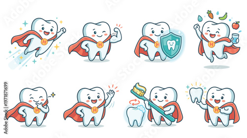 Cute Superhero Tooth Character Set Illustrating Dental Care and Healthy Lifestyle Activities for Medical Healthcare Collections