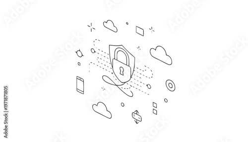 Digital Security Shield with Padlock and Cloud Computing Elements.