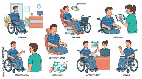 Disabled Man's Dental Care Journey Healthcare Medical Poses and Activities Collection